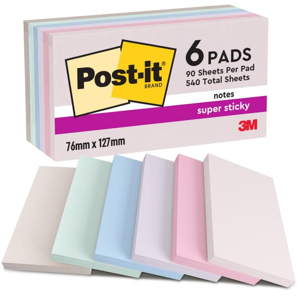 Pack 6 Bloc-note adhésif Super Sticky Notes 127 x 76 mm Coloris Soulful POST-IT