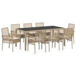 Ensemble de salle à manger de jardin 9 pièces avec coussins beige en poly rattan