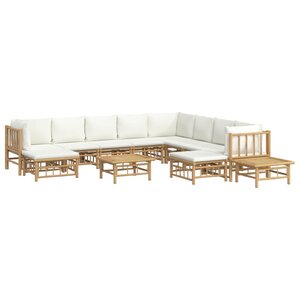 Salon de jardin meuble d'extérieur ensemble de mobilier 12 pièces avec coussins blanc crème bambou 02_0015545