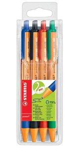 Pochette de 4 Stylos Bille Rétractable POINTBALL Tracé 0 5 mm  couleurs assorties STABILO