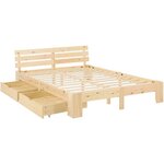 Lit en Bois 160x200 cm Naturel - Lit Double avec 2 Tiroirs de Rangement et avec Matelas - Massif