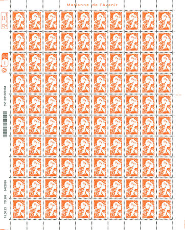 Feuille 100 timbres Marianne de l'avenir  - Complément affranchissement 1€ - Orange