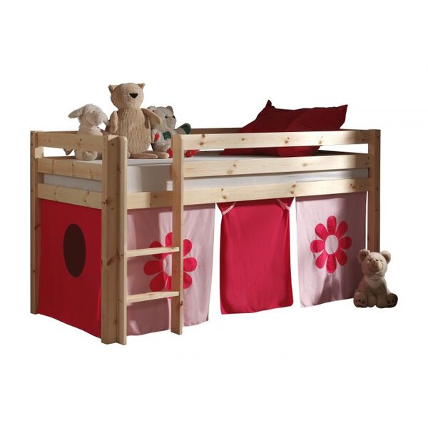 PINO  Lit Compact Pin Massif Naturel 209 x 105 x 114 cm + Rideau de lit Pink Flower