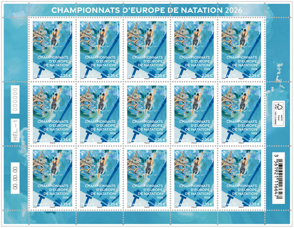 Feuille de 15 timbres - Championnats d'Europe de natation 2026 - Lettre Internationale