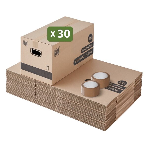 Pack and Move - Lot 30 cartons déménagement stockage standard - 60 x 30 x 30 cm - Poignées renforcées - 2 adhésifs offerts