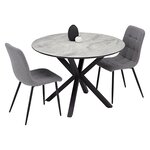 Ensemble repas table ronde 110 cm aspect pierre et 2 chaises grises  pieds metal noir