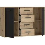 Buffet Particules mélaminé - chêne et noir - 2 portes + 4 tiroirs - 122 6 x 34 2 x 81 7 cm