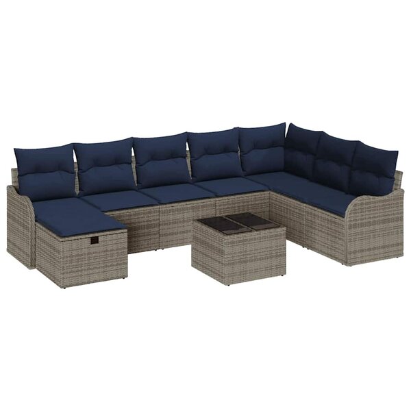 vidaXL Ensemble de Canapés avec coussin 9 Pièces Gris et marine polyrotin