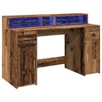 Bureau table poste de travail meuble d'ordinateur informatique étude avec lumières LED vieux bois bois d'ingénierie brun 02_0023435