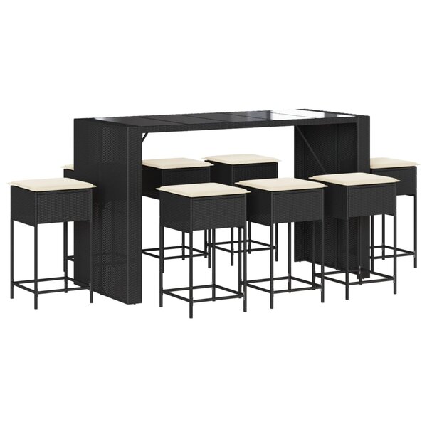 vidaXL Ensemble de bar de jardin 9 Pièces avec coussins noir poly rotin