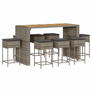 vidaXL Ensemble de bar de jardin 9 Pièces avec coussins gris poly rotin
