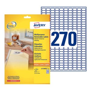 Étiquettes enlevables couleur, 17,8 x 10 mm - 25 feuilles, 270 étiquettes par feuilles a4 - blanc (paquet 6750 unités)