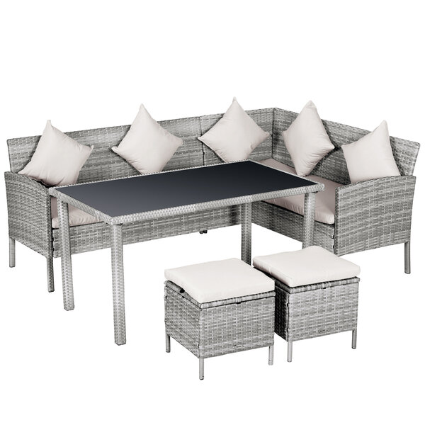 Salon de jardin 6 pers. grand confort canapé d'angle + 2 poufs + table à manger 9 coussins assise & dossier fournis résine tressée grise