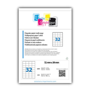 Lot de 100 planches a4 de 32 étiquettes à bords vifs 51 x 34 mm en papier blanc 70g/m² multifonction