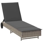 vidaXL Chaise longue avec roues et coussin gris résine tressée