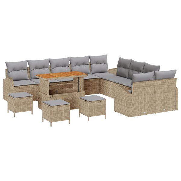 Ensemble de canapé de jardin 14 pièces coussins beige poly rotin acacia