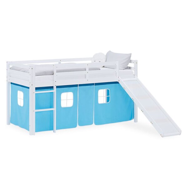 Lit mezzanine 90x200cm avec toboggan et rideau pin bleu