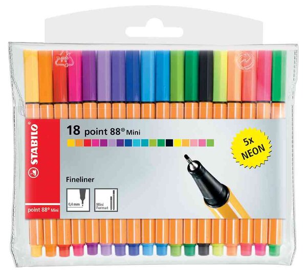 Pochette de 18 Stylo-Feutre POINT 88 MINI Pointe Fine 0 4 mm dont 5 fluo STABILO