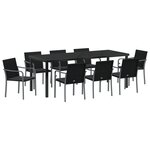 Ensemble de salle à manger de jardin 9 pièces avec des coussins en poly rattan noir