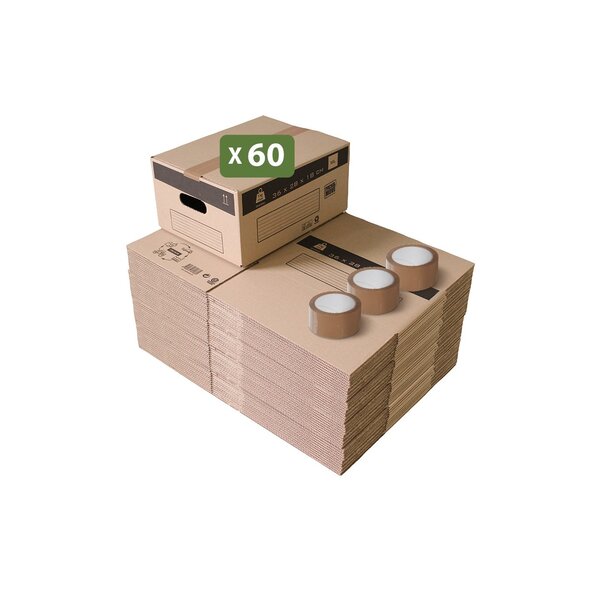 Pack and Move - Lot 60 cartons déménagement stockage S - 36 x 28x 18 cm - Poignées renforcées - 3 adhésifs offerts