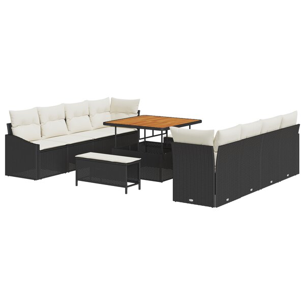 Ensemble de canapé de jardin 11 pièces avec coussins noir poly rotin acacia