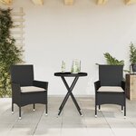vidaXL Ensemble de bistro avec coussins 3Pièces noir résine tressée verre