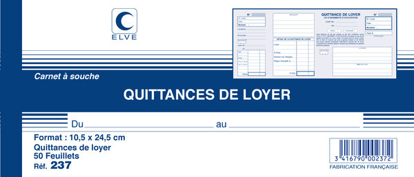 Carnet à souche QUITTANCES DE LOYER 105 x 245 mm 50 Feuillets ELVE