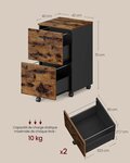 Caisson 2 tiroirs placard bureau sur roulettes 40 x 42 x 70 cm pour documents A4 dossiers suspendus style industriel marron 12_0004788