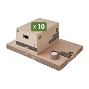 Pack and Move - Lot 10 Cartons Déménagement Stockage M - 60 x 40 x 30 cm - Poignées renforcées - 1 adhésif offert