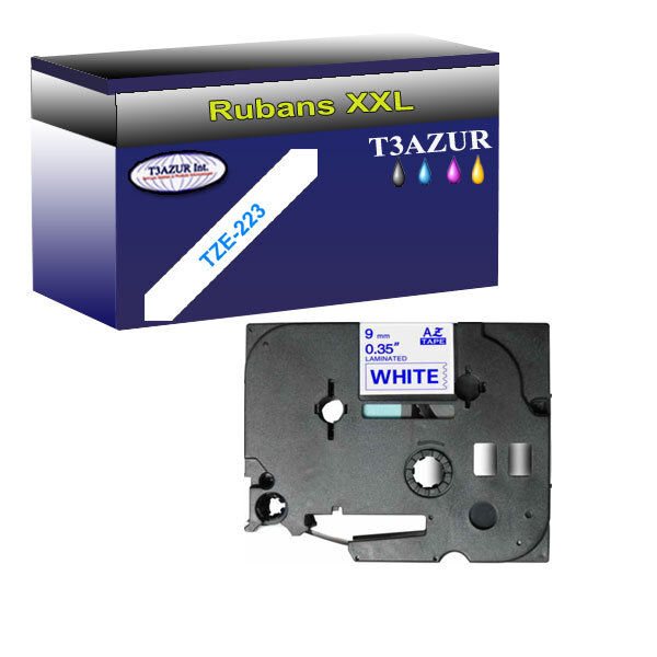 Ruban d'étiquettes laminées générique Brother Tze-223 pour étiqueteuses P-touch - Texte bleu sur fond blanc - Largeur 9 mm x 8 mètres - T3AZUR