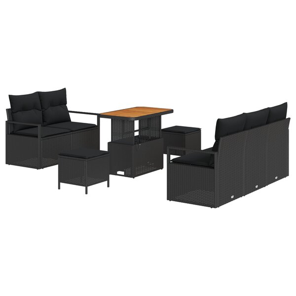 Canapés de Jardin de 8 Pièces avec Coussins Noir Poly Rattan Acacia