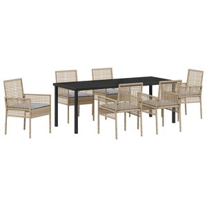 vidaXL Ensemble de Salle à Manger de Jardin 7 Pièces avec Coussins Beige Rattan Poly
