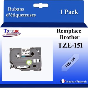 Ruban d'étiqueteuse compatible avec Brother Tze151  Tze-151 pour étiqueteuses P-touch - Texte noir sur fond transparent - T3AZUR