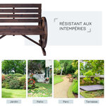 Banc de jardin 3 places style rustique chic accoudoirs roues charette bois sapin traité carbonisation