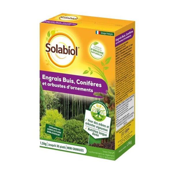 SOLABIOL Engrais Coniferes et Arbustes d'ornement 100% Organique - Action Longue Durée, 1,5 Kg - SOCONY15