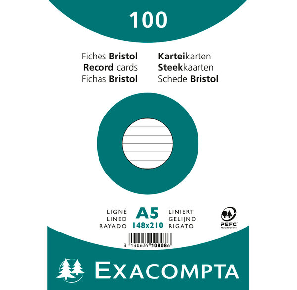 Paquet de 100 Fiches Bristol A5 blanc ligné. s/s film EXACOMPTA