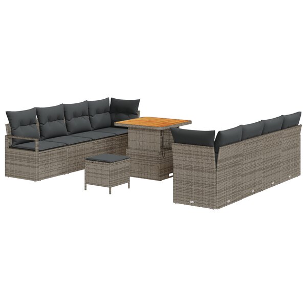 Set de sofa de jardin 11 pièces avec coussins gris en poly rotin acacia