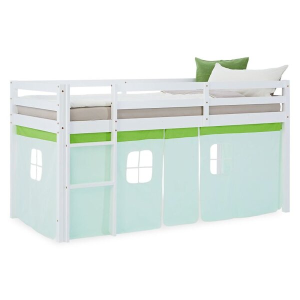 Lit mi-hauteur 90x200 cm pin rideau vert