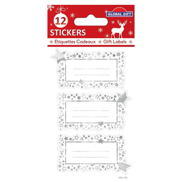 12 étiquettes adhésives de Noël - Étoiles argentées iridescentes