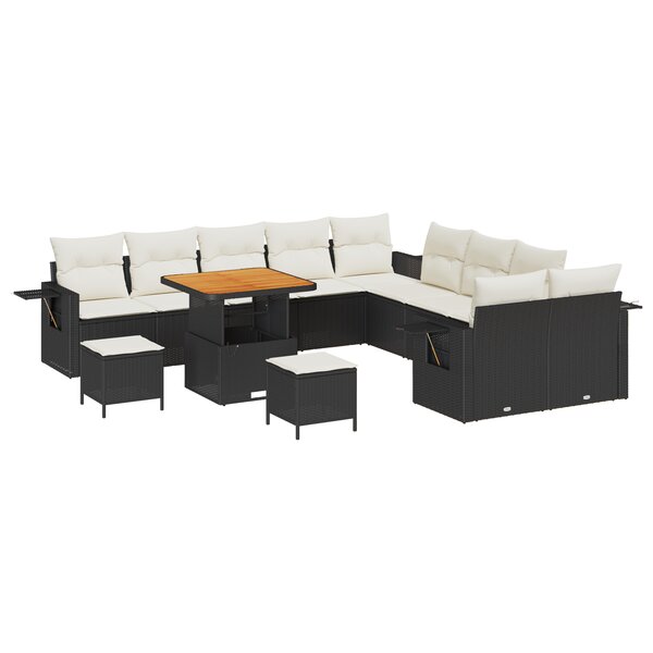 Ensemble de Canapé de Jardin 13 Pièces avec Coussins Noir Rattan Poly Acacia