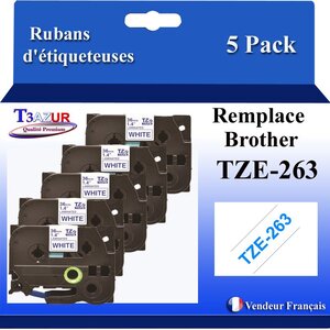 5x Rubans d'étiqueteuses compatibles avec Brother Tze263  Tze-263 pour étiqueteuses P-touch - Texte bleu sur fond blanc - Largeur 36 mm x 8 mètres - T3AZUR