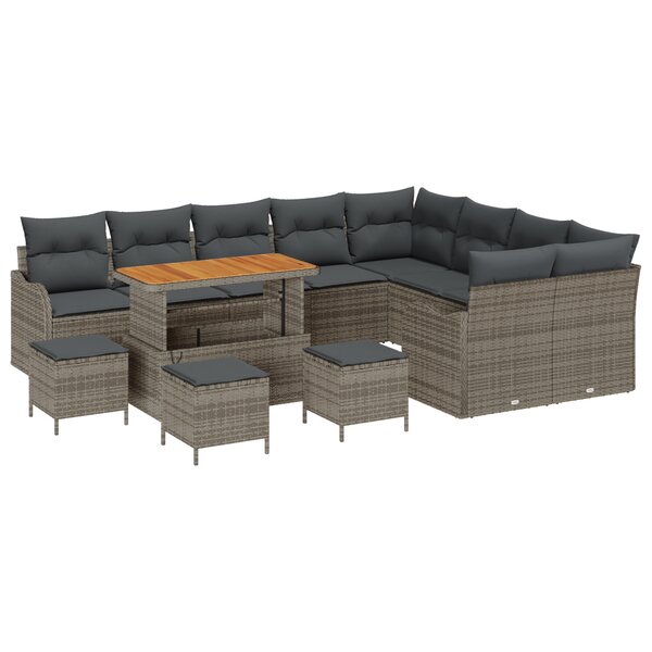 Ensemble de Canapés de Jardin 13 Pièces avec Coussins Gris Poly Rattan Acacia