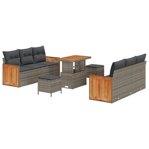 Ensemble de Canapé de Jardin vidaXL 9 pièces avec coussins gris en rotin synthétique d'acacia