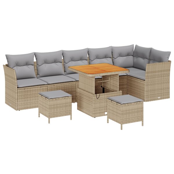 Ensemble de Canapé de Jardin 9 Pièces avec Coussins Beige Poly Rotin Acacia