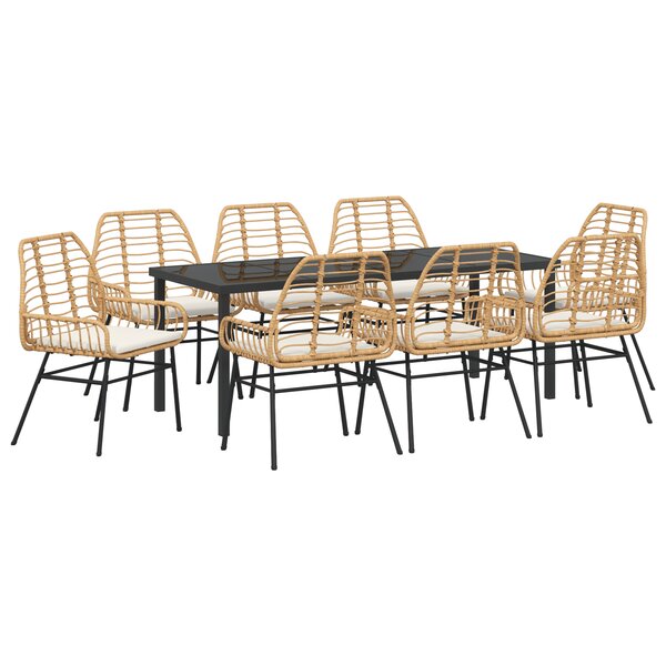 vidaXL Set de salle à manger de jardin 9 pièces avec coussins brun poly rattan