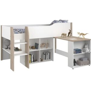 Lit combiné enfant avec bureau rétractable - Blanc et chêne - Sommier inclus - 90 x 200 cm
