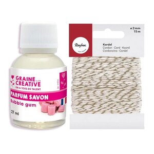 Parfum pour savon 27 ml Chewing-gum + Ficelle dorée & blanche 15 m