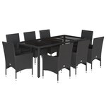vidaXL Ensemble à manger de jardin et coussins 9 Pièces noir rotin verre