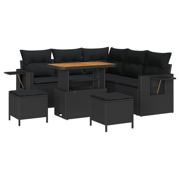 Ensemble de canapés de jardin de 8 pièces avec coussins en rattan noir poly acacia