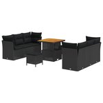 Ensemble de canapé de jardin 9 pièces avec coussins noir poly rattan acacia